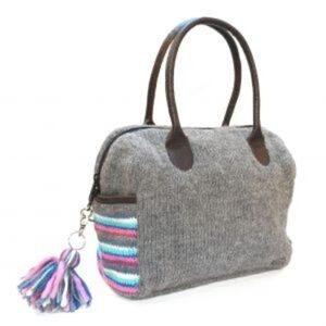 NWT KuSan Charcoal Pink Leather Handle Knitted Wool Bowling Bag Purse Tote​​